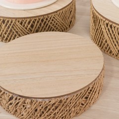 3 Natural Pedestal Cake Stands Jute Rattan with Wooden Top Plates Wedding