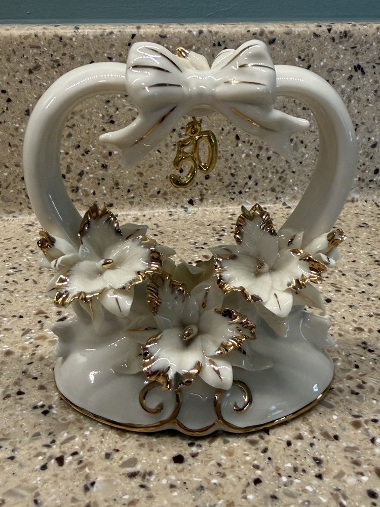 Golden 50th Wedding Anniversary Cake Topper Heart Porcelain Gold Accents Flowers