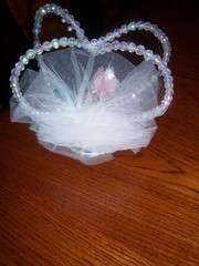 VTG NICE BEADED HEARTS FABRIC WIRE PLASTIC PINK FLOWERS Wedding Cake Topper 7″