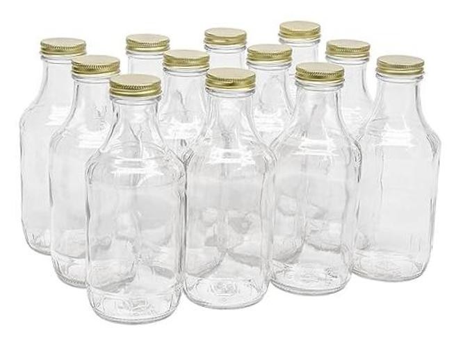 16 Ounce Glass Sauce Bottle – With 38mm Gold Metal Lids – Case of 12