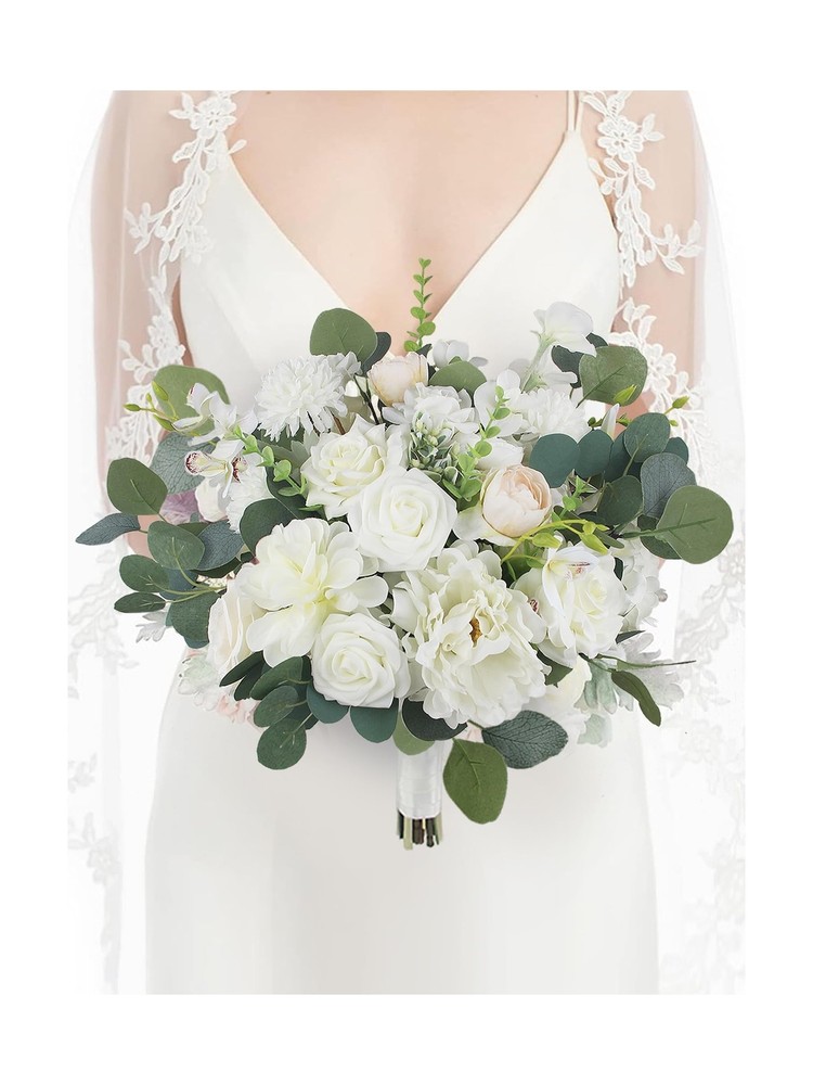 Rinlong 16.5 Inch Wedding Bouquets for Bride White Sage Green Bridal Bouquet …