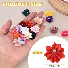 100 Pcs Ribbon Flowers, 1.2 in Fabric Flowers with Rhinestones, Scarlet