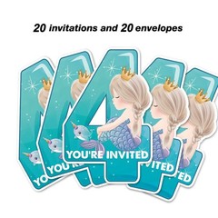 Cute Mermaid 4th Party Invitations with Envelopes, 20 Set Magical Mermaid Fou…