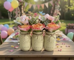 Set of 3 chalk painted distressed mason jar vases w/faux flowers included