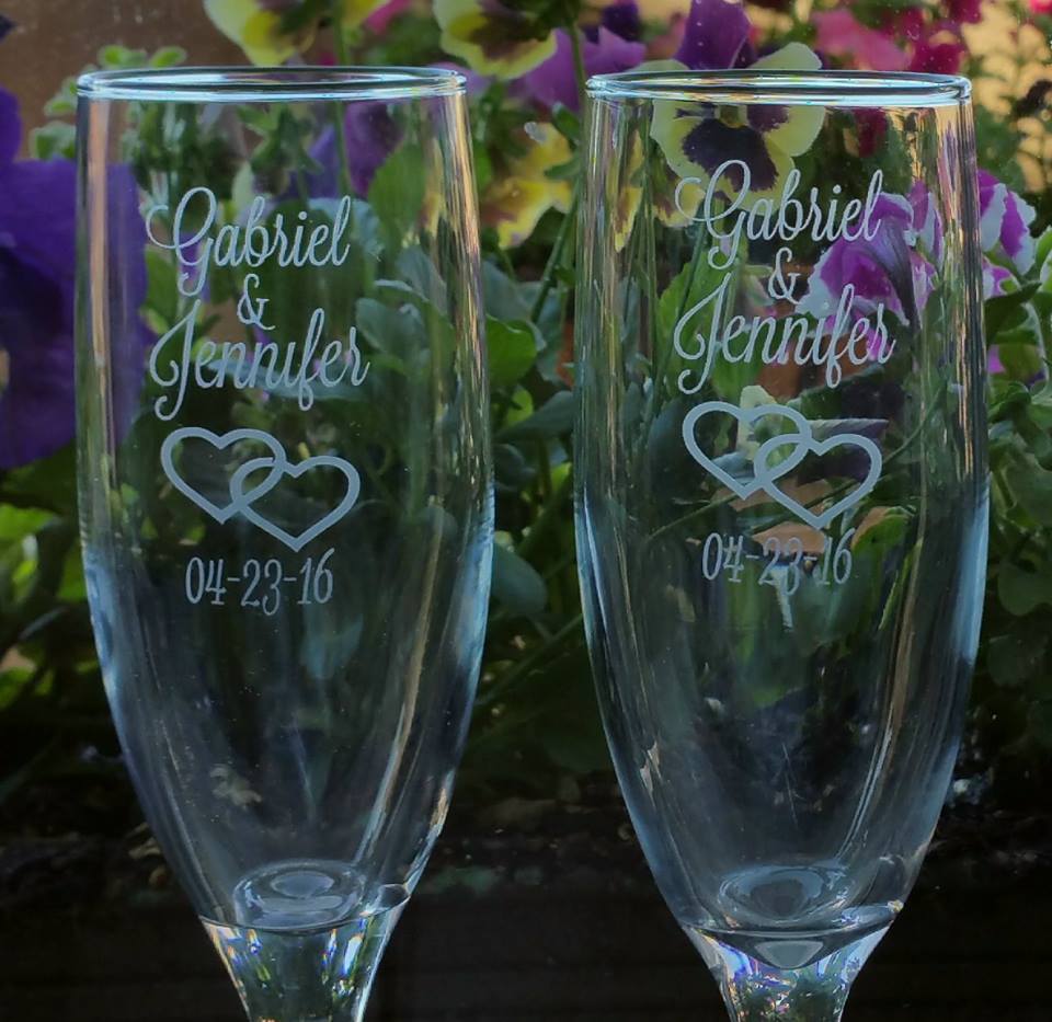 Qty-2 Glass Champagne Flute Engraved w Couple’s Names and Wedding Date