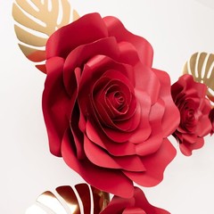 9 RED 3D Rose Paper Flowers with Gold Monstera Leaves Wedding Decorations
