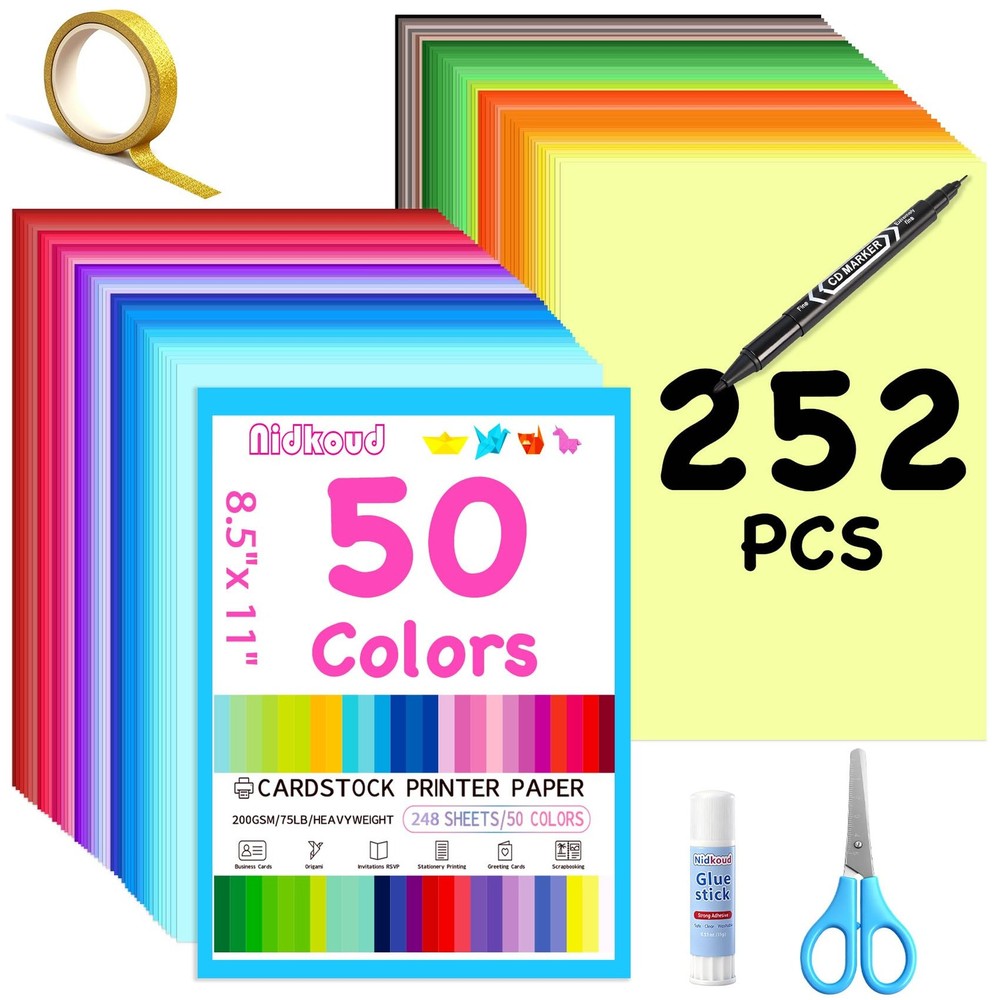 Nidkoud 252 PCS Colored Cardstock 8.5″ x 11″, 50 252PCS, 50 Assorted Colors