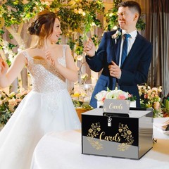 Black Acrylic Wedding Card Box Lock Reception Large 12.2×9.3×8.3 Inch DIY