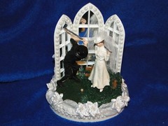 New Vintage Bridal Couple Golfers with Chapel Church Mirror Windows Caketopper