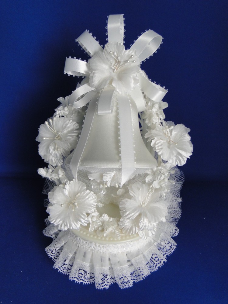 New Vintage Elegant White Satin Bell, white white floral Wedding Caketop #404