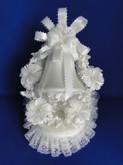 New Vintage Elegant White Satin Bell, white white floral Wedding Caketop #404