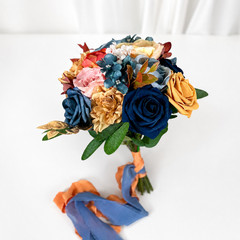 Dusty Blue Yellow Orange Silk Rose Bridal Bouquet Boutonniere Wedding Set Decor