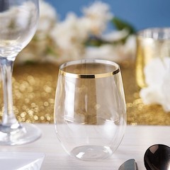 12 pcs 14 oz CLEAR with GOLD Rim Stemless Plastic Wine Glasses Party Supplies