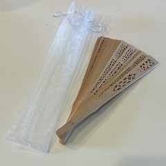 Beige Wood Folding Hand Fan Floral Lace Cutout w/ White Organza Bag Wedding