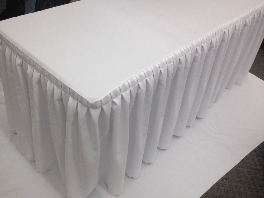 6′ ft. Fitted Table Skirt Cover w/ Top Topper Double Pleated Trade show DJ WHITE