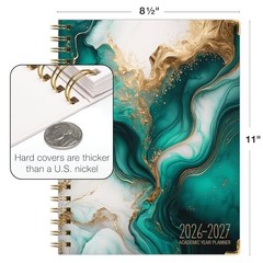 HARDCOVER Academic Year 2026-2027 Planner: 14 8.5″ x 11″ Teal Gold Marble