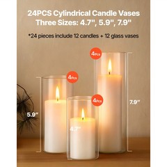Uimoso Set of 24 Pillar Candles with Glass Vases, 2.6″x4.7″/5.9″/7.9″