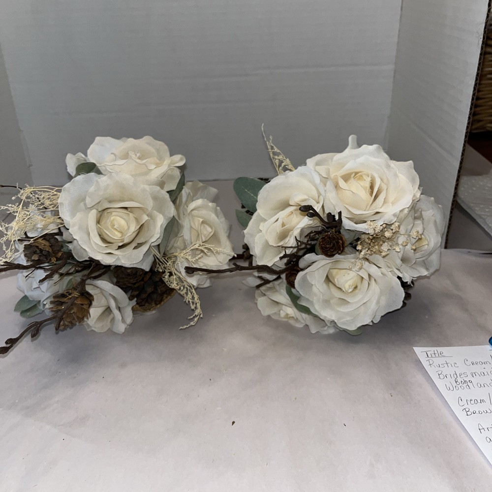 Rustic Cream/ivory Rose Wedding Boutique Set Natural Brown Accents Artificial