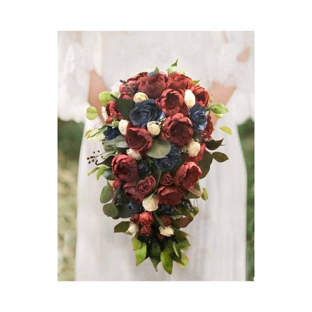 Burgundy Navy Blue Cascade Bridal Bouquet Artificial Sola Wood Wedding Flowers