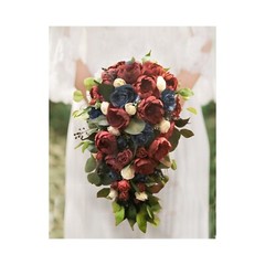 Burgundy Navy Blue Cascade Bridal Bouquet Artificial Sola Wood Wedding Flowers