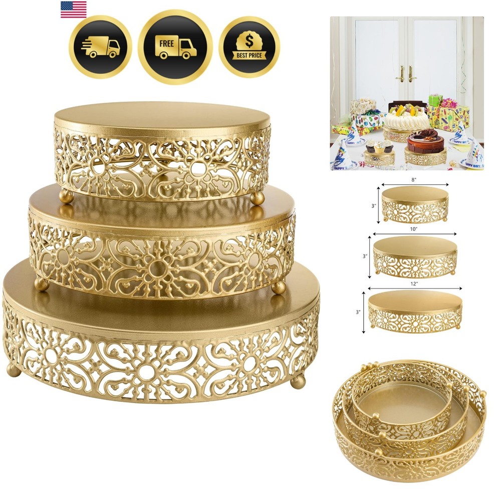 Antique Gold Round Cake Stands – 3 Pack for Weddings & Celebrations (8″ 10″ 12″)