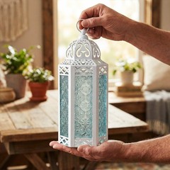 VELA LANTERNS White Moroccan Candle Lantern Decorative Medium, White/Clear