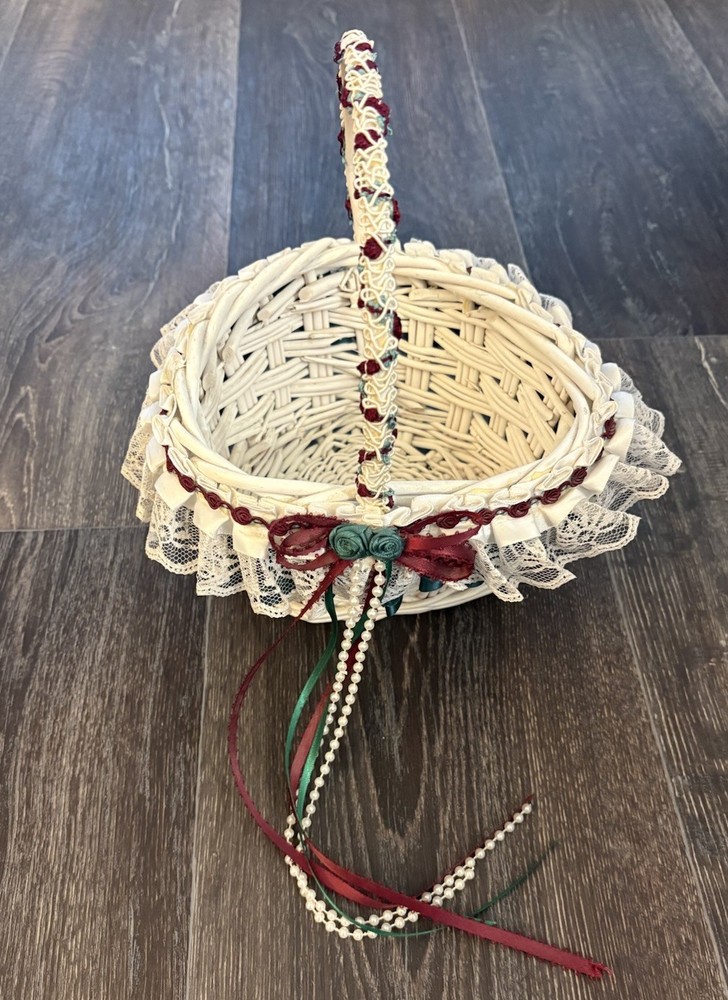 White Flower Girl Heart Shaped Woven Basket Lace Roses Beaded Ribbon Cottagecore