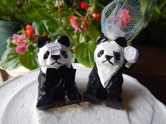 Panda bears Cake Topper Bride Groom Love Wedding Engagement Wood Statue