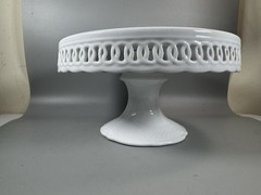 Vintage White Milk Glass Pedestal Cake Stand Openwork Edge 8” Round