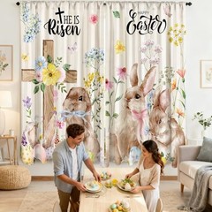 2 Pcs Easter Curtains for Living Room Rabbit Egg Cross Curtains 52 x 84 Inches
