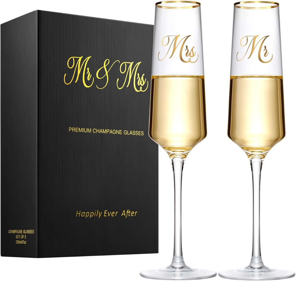 Mr and Mrs Wedding Champagne Flutes with Long Stem,Bride and Groom Toasting Crys