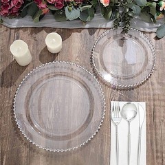CLEAR SILVER 10 Round 8″ Plastic Salad PLATES Beaded Rim Party Events