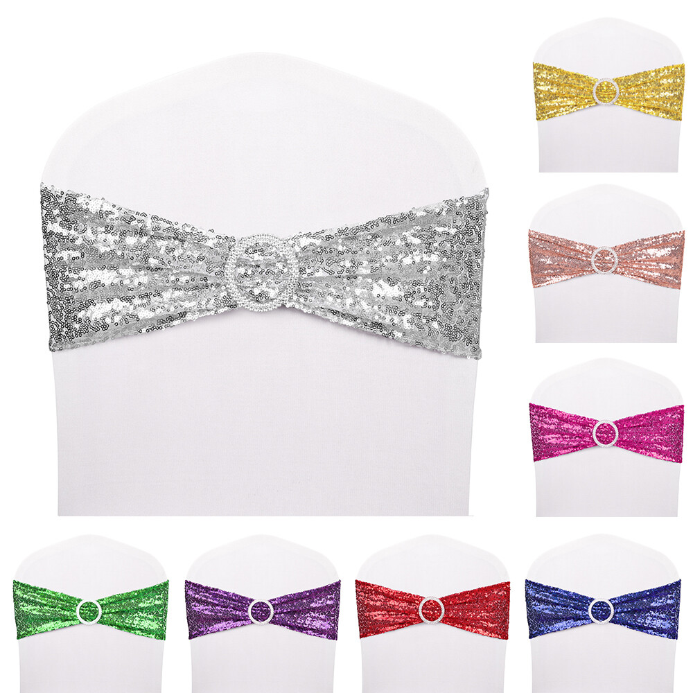 50Pcs Sequin Chair Sashes Spandex Glitter Chair Bows Bands Wedding Banquet Decor