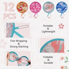 Marsui 12 Pcs Japanese Round Foldable Hand Fan Yellow, Green, Pink and Blue
