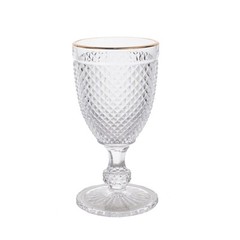 6 pack 8 oz CLEAR Glass Wine Goblets with GOLD Rim and Embossed Diamond Pattern