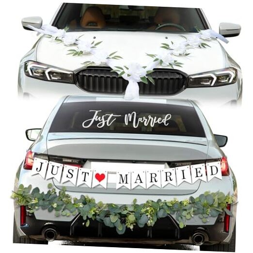 Just Married Car Decorations Kit Wedding Car Decor with Artificial White Roses