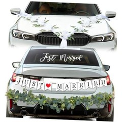 Just Married Car Decorations Kit Wedding Car Decor with Artificial White Roses