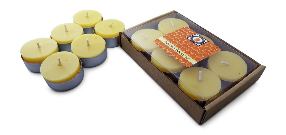 6 Natural Honey Scented Beeswax Tea Light Candles, Cotton Wick, Aluminum Cup