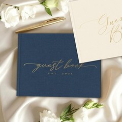 Linen Wedding Guest Book Durable Hardcover Gold Foil Elegant Design Blank Pages