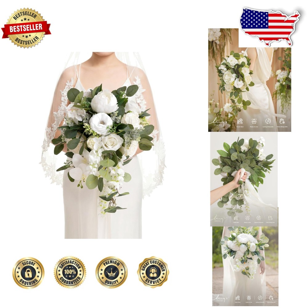 Elegant Wedding Bouquet Bride 13″ Ivory Rose Peony Orchid Faux Silk