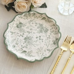 25 White Sage Green 10″ Floral Leaf Print Paper Plates Scalloped Rim Party Event