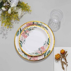 25 White Round Paper Plates Floral Design Gold Rim Party Events Home Tableware
