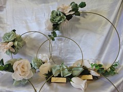 6 Pc Wedding Table Centerpieces, Green, Ivory, Round, Circle, Gold, Wood