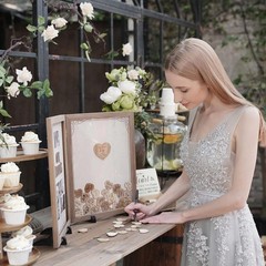 Antique White & Brown Guest Book Frame for Weddings – 80 Wooden Hearts Inside