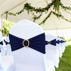 50 Pack Navy Blue Chair Sashes with Gold Buckle Slider, Spandex Dark Blue Ban…