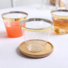 25 CLEAR 9 oz Glittered PLASTIC CUPS Gold Rim Party Events Decorations Supples