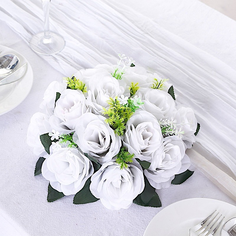 WHITE 2 Bouquets 10″ Silk Roses Artificial FLOWER BALLS Party Events Decorations