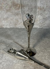 Studio His & Hers Toasting Glasses Silver Tone W/ Hearts Rhinestones EUC 10.25”