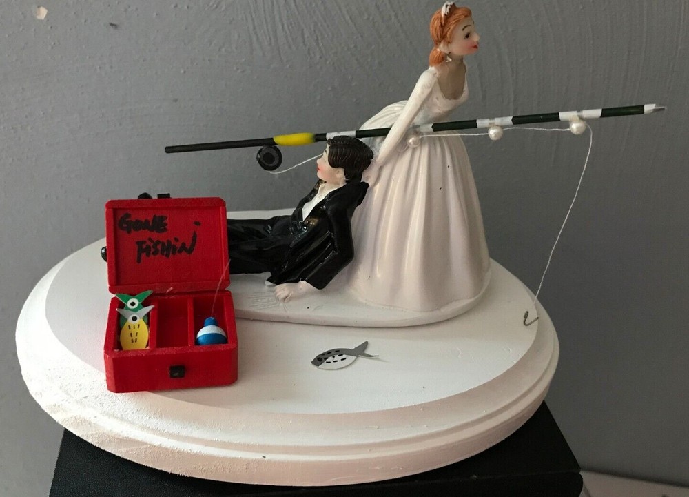 Cake Topper Wedding Bridal Bride Groom Going Gone Fishing Theme
