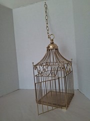 Gold Finish Metal Heart Bird Cage+Adj Hanging Chain Wedding Card Holder Planter